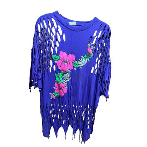 Vintage Women’s XL Purple Cutout T-Shirt Bahamas Floral Beaded Souvenir Travel